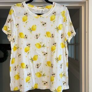 Anthropologie White Tee with Yellow Lemon and Floral Print